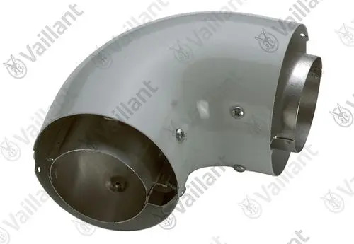 Bogenstück in Grau mit metallischer Innenseite, hergestellt von Vaillant. Das Produkt dient zur Verbindung von Rohren in Heizungs- oder Belüftungssystemen.